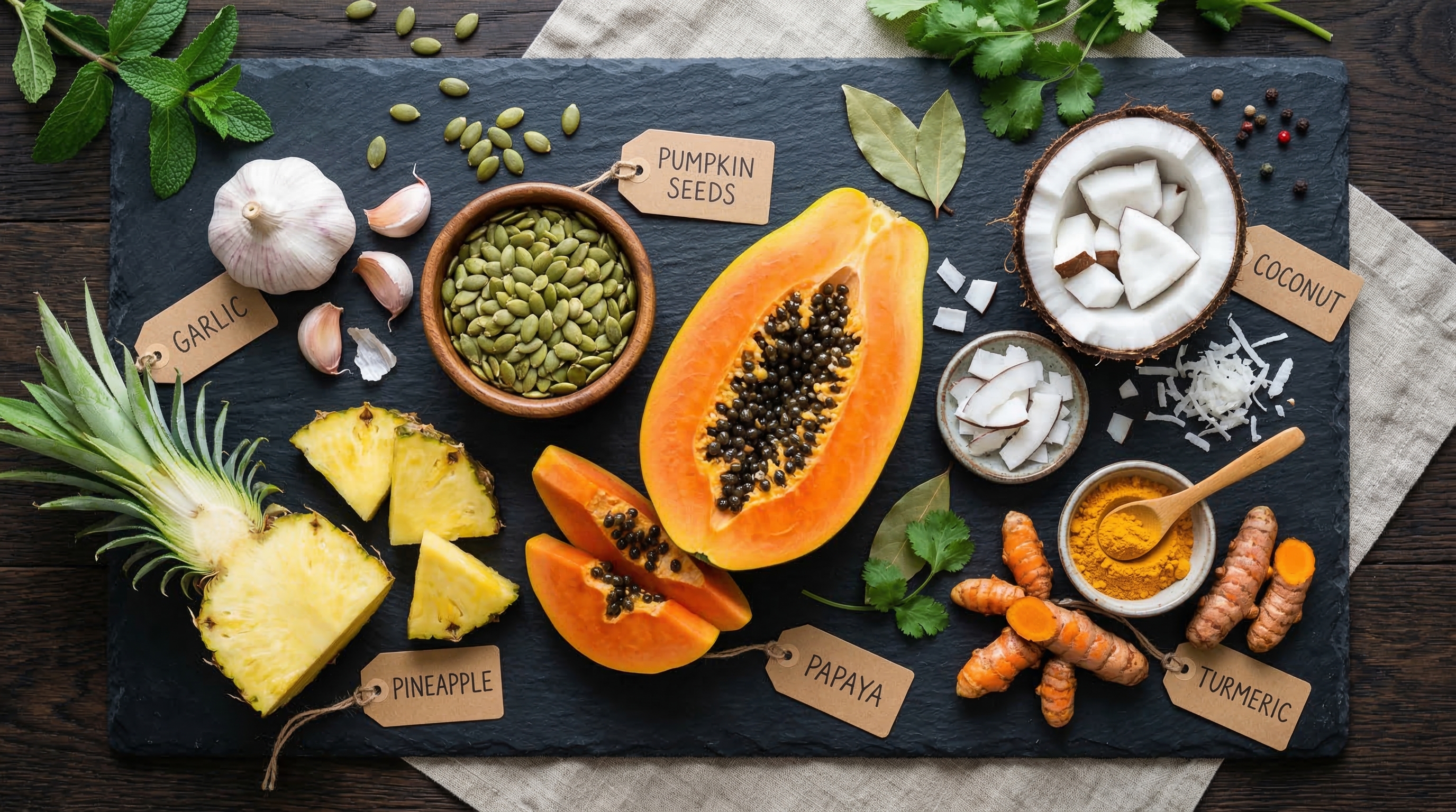 Alimentos antiparasitarios naturales: ajo, semillas de calabaza, papaya y coco
