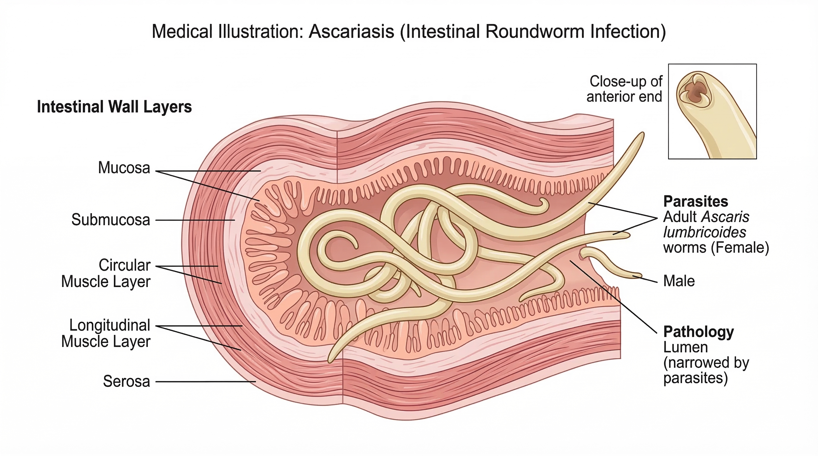 Lombrices intestinales y lombrices en el ano: ilustración médica del sistema digestivo