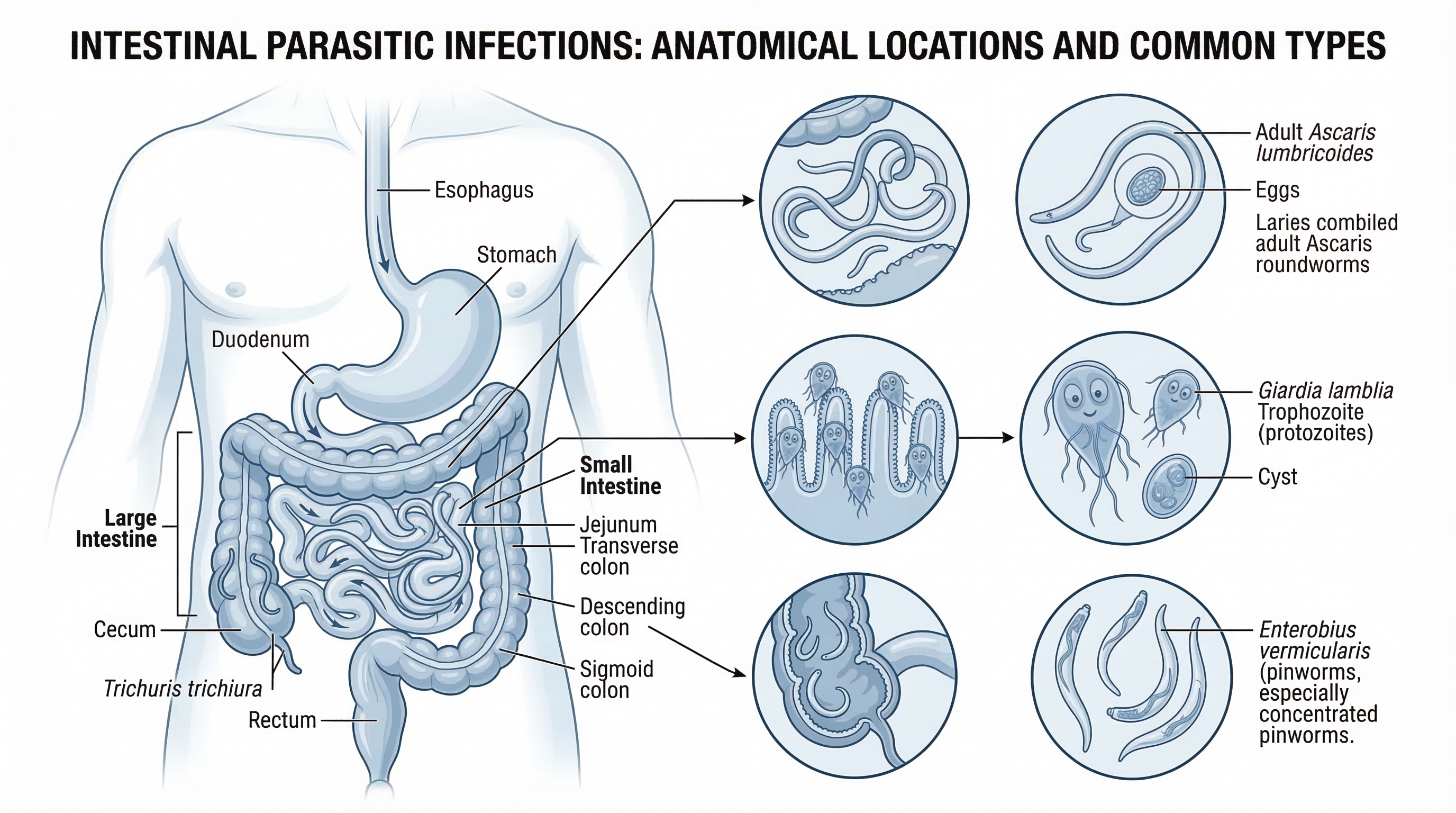Ilustración médica de parásitos intestinales en el sistema digestivo humano