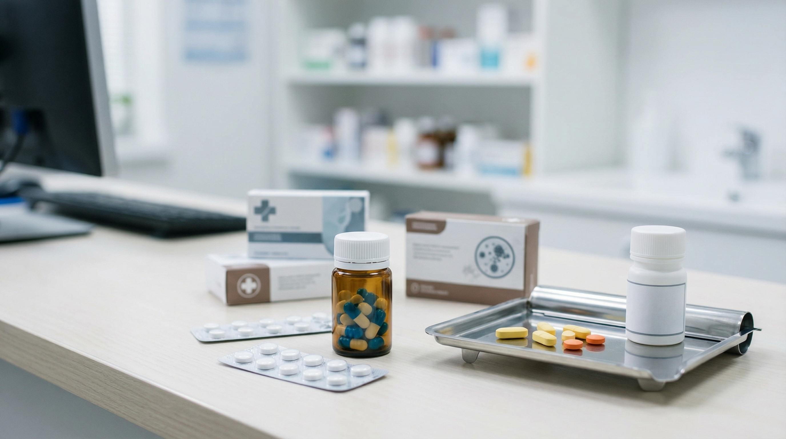 Pastillas y cápsulas desparasitantes para adultos en mostrador de farmacia